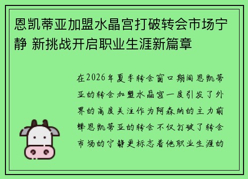 恩凯蒂亚加盟水晶宫打破转会市场宁静 新挑战开启职业生涯新篇章