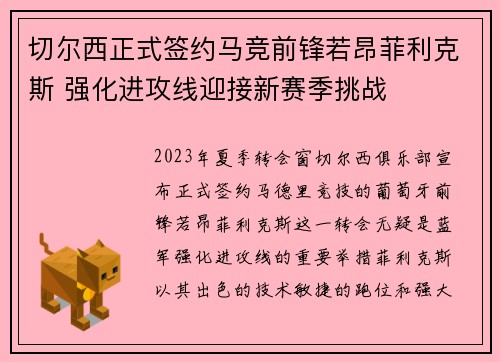 切尔西正式签约马竞前锋若昂菲利克斯 强化进攻线迎接新赛季挑战